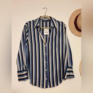 Zara Ivory & Navy Vertical Stripe Button-Down Shirt